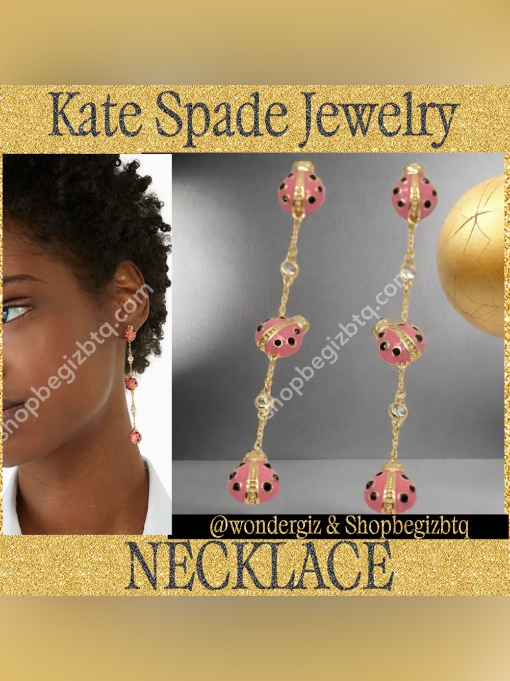 Kate spade Authentic Long Gold Tone Pink Enamel Ladybugs Drop Earrings
